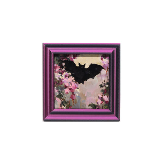 Bat and Flowers 3 | Miniature Oil Painting | 3”x3” Framed