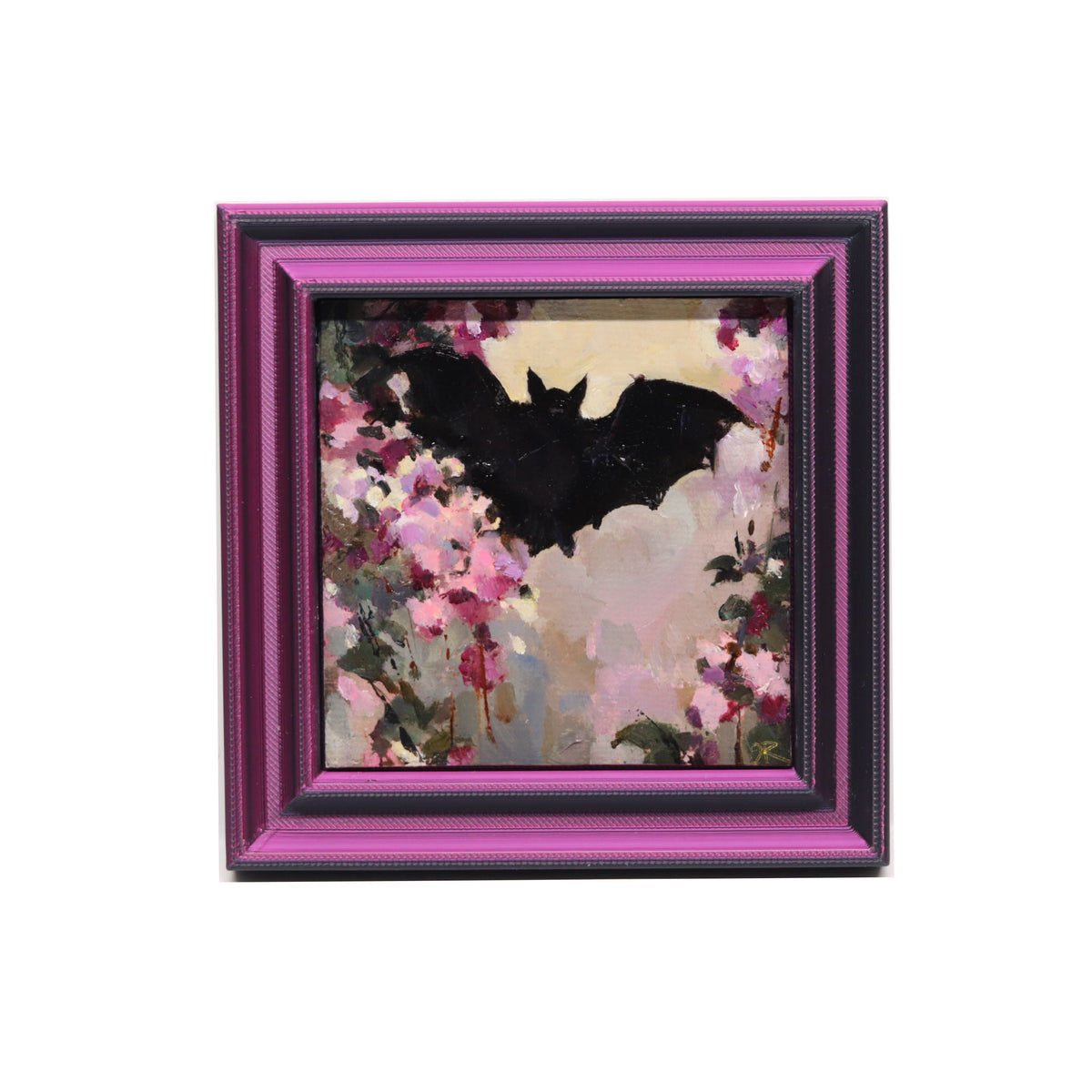 Bat and Flowers 3 | Miniature Oil Painting | 3”x3” Framed