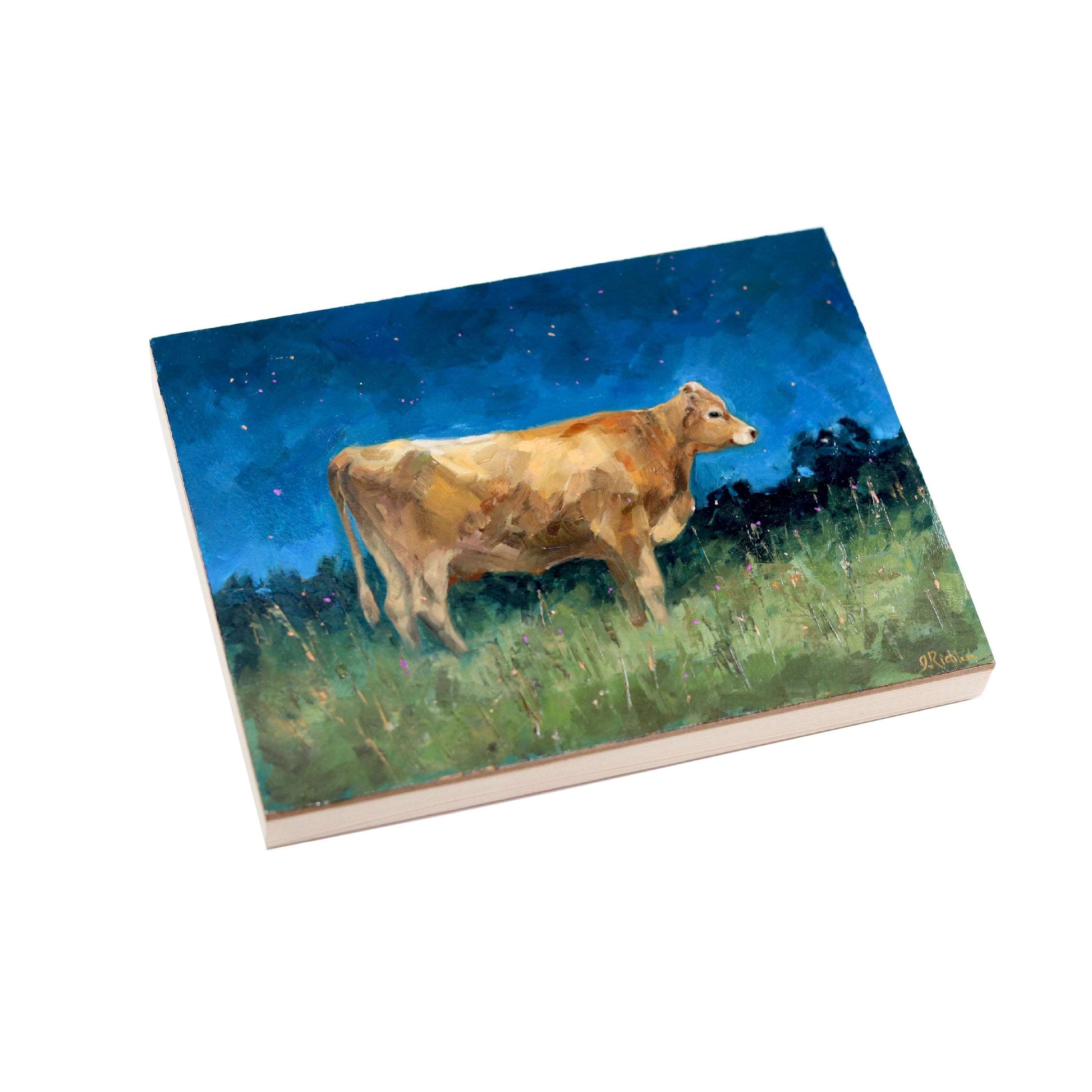 Brown Cow in Pasture 19 | Original Oil Painting | 6”x8”