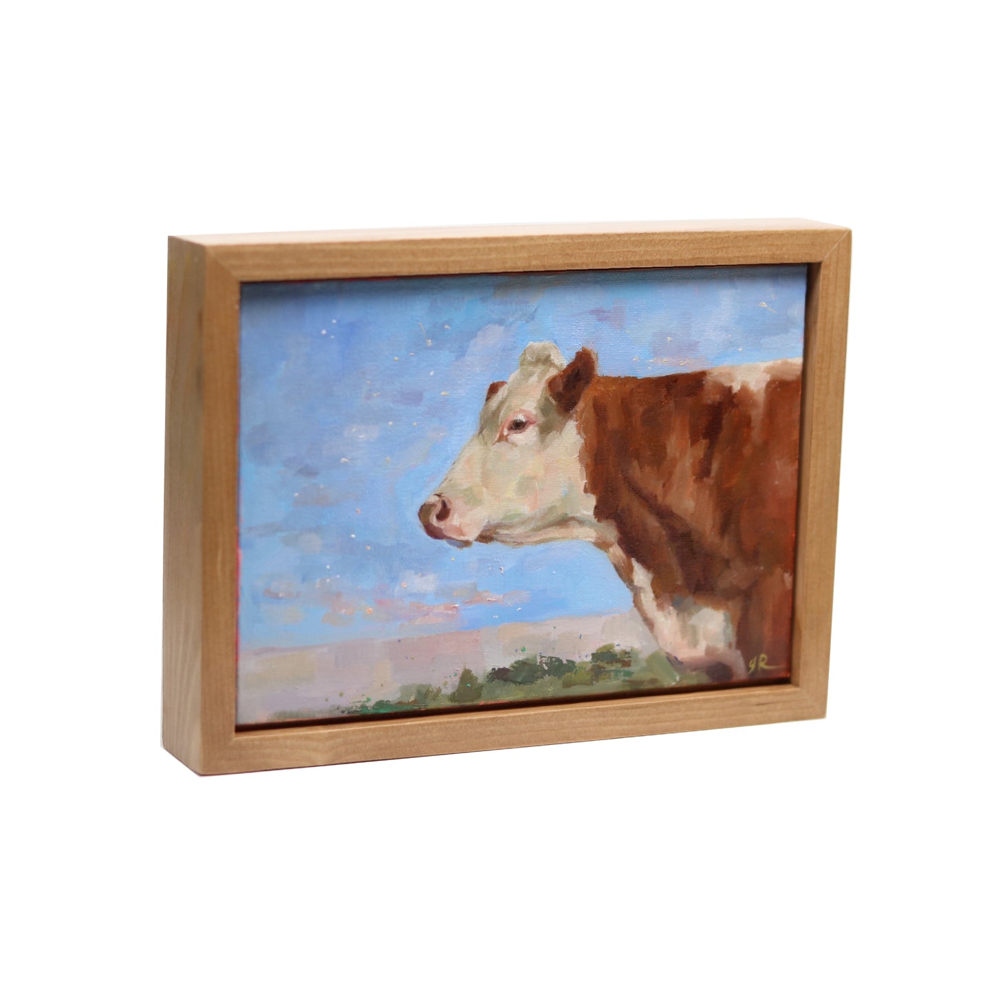 Brown and White Cow Portrait 28 | Original Oil Painting | Framed 5”x7”