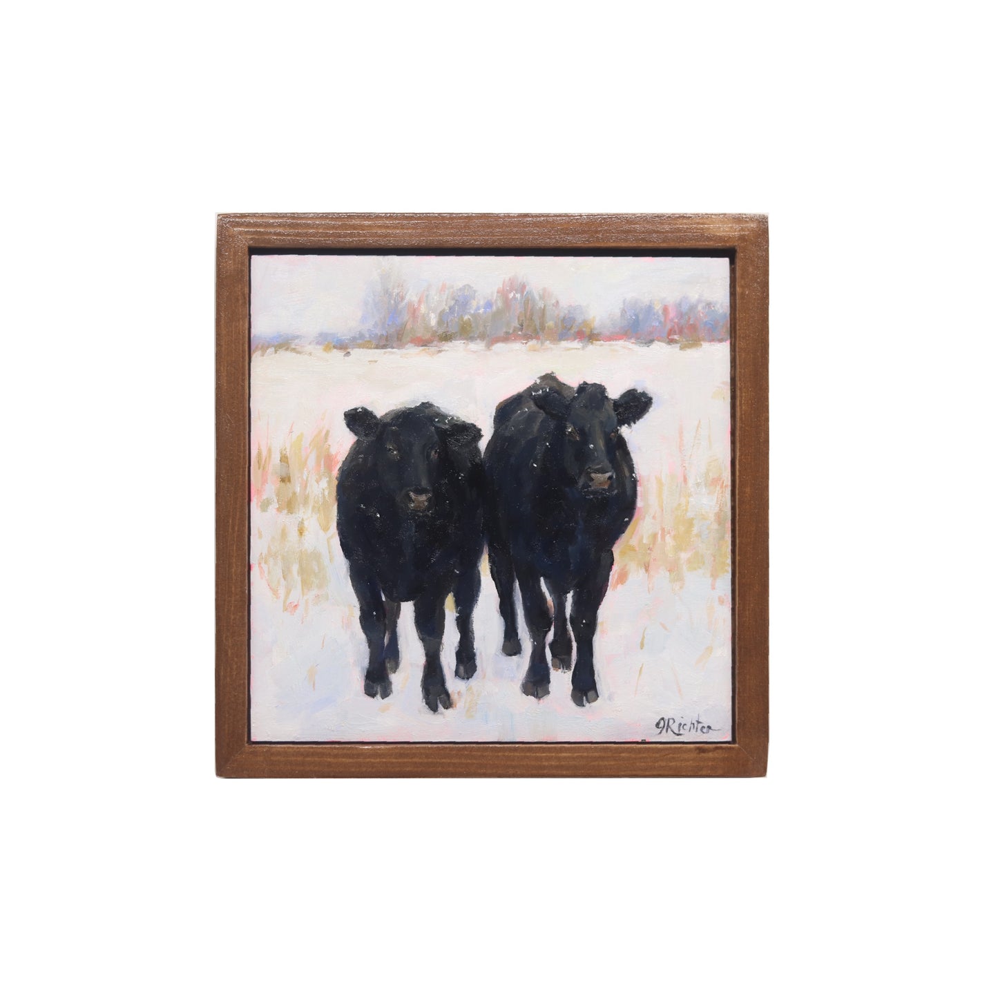 Black Cows in Snow 29 | Original Oil Painting | Framed 6”x6”