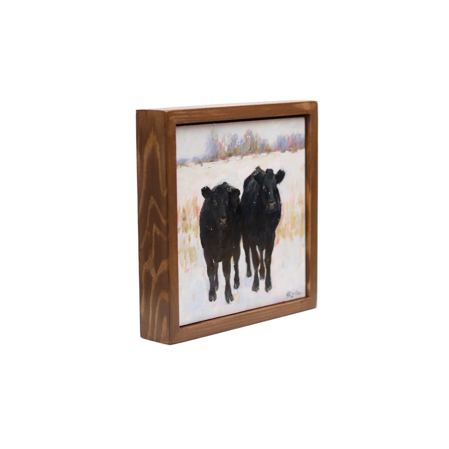 Black Cows in Snow 29 | Original Oil Painting | Framed 6”x6”