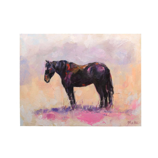 Colorful Black Horse in Pasture 17 | Original Oil Painting | 6”x8”
