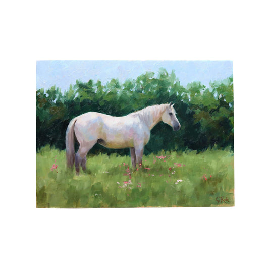 White Horse in Pasture 19 | Original Oil Painting | 6”x8”
