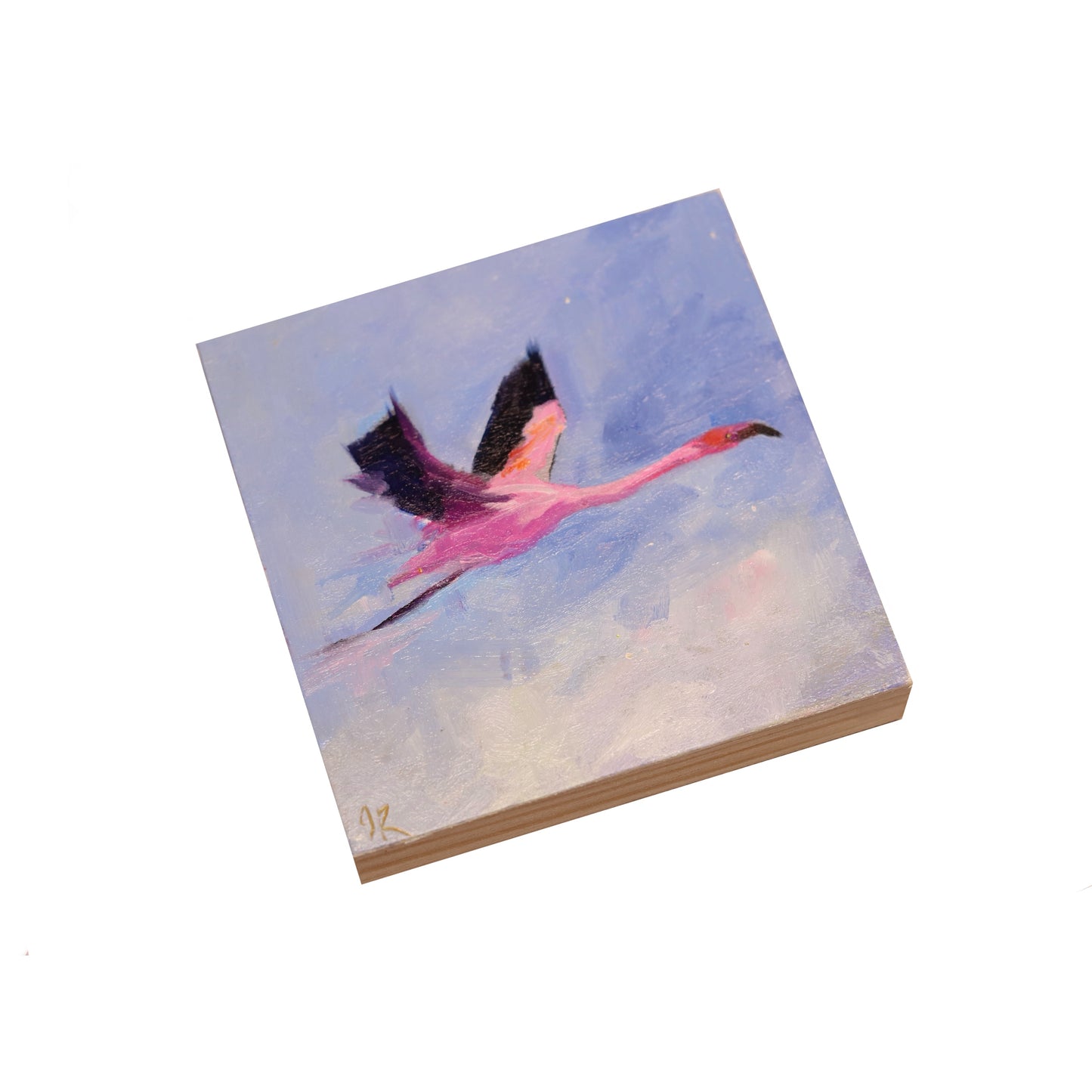 Flamingo in Flight 4 | Original Oil Painting | 4”x4”