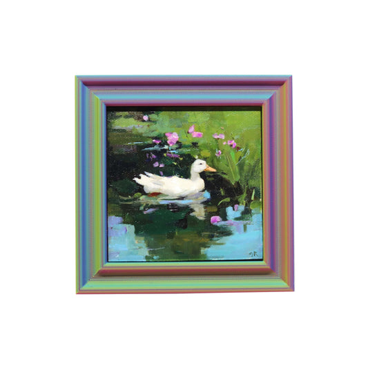 Original Oil Painting | Duck Pond with Flowers 9 | 4”x4” Framed Art