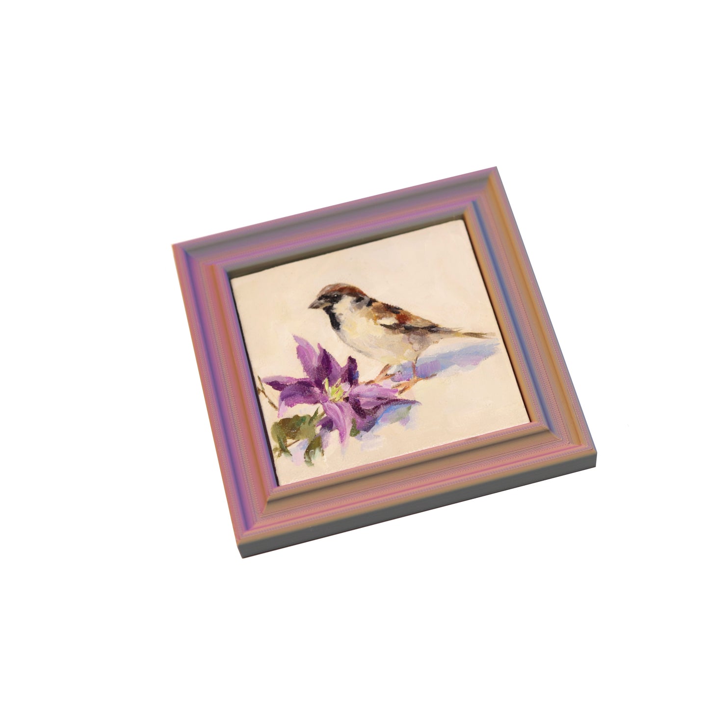 Original Oil Painting | Sparrow and Clematis | 4”x4” Framed Art
