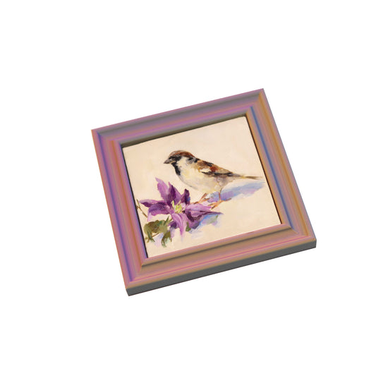 Original Oil Painting | Sparrow and Clematis | 4”x4” Framed Art