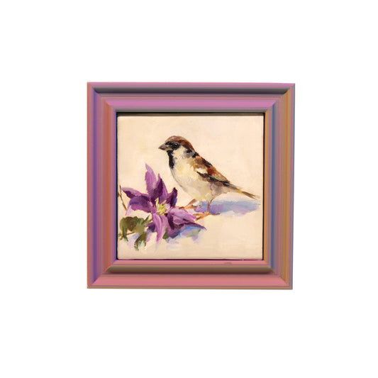 Original Oil Painting | Sparrow and Clematis | 4”x4” Framed Art