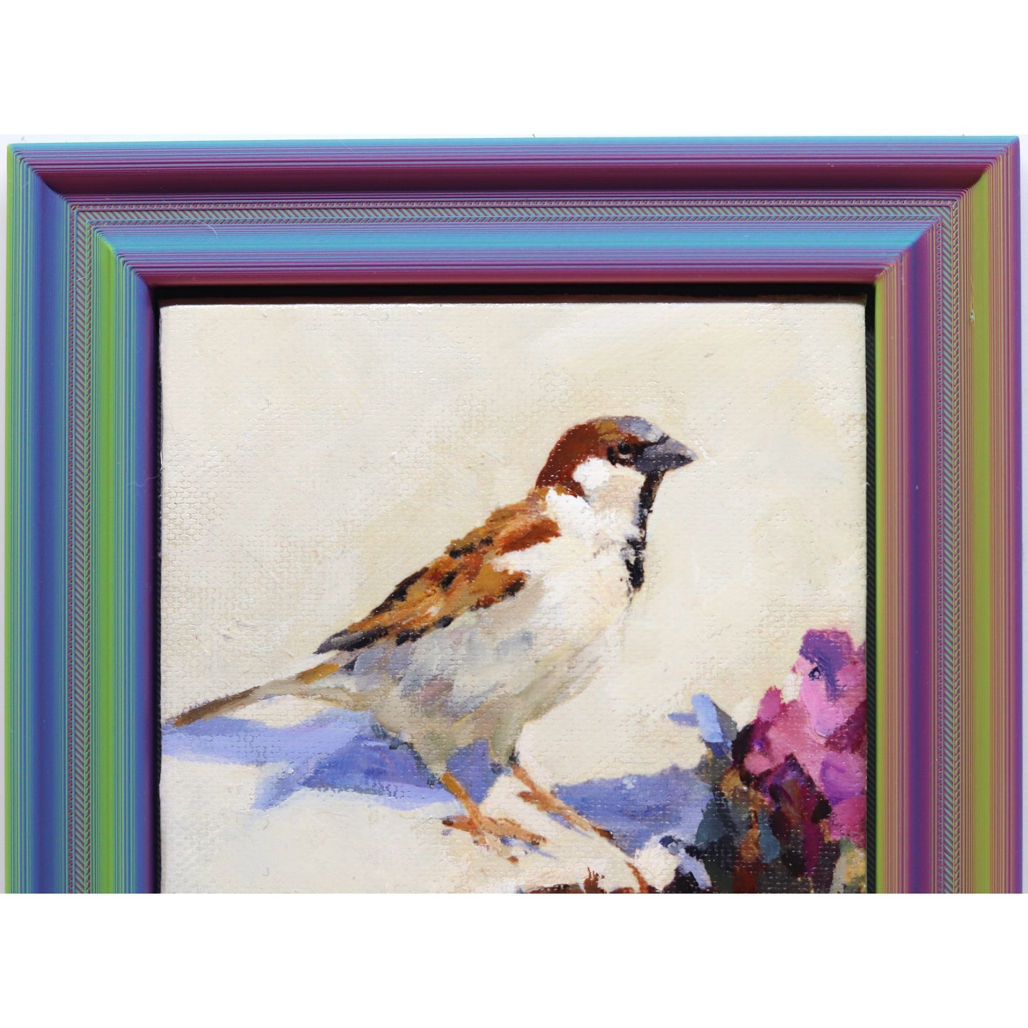 Original Oil Painting | Sparrow and Rhododendron | 4”x4” Framed Art