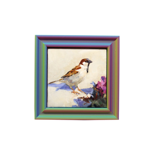 Original Oil Painting | Sparrow and Rhododendron | 4”x4” Framed Art