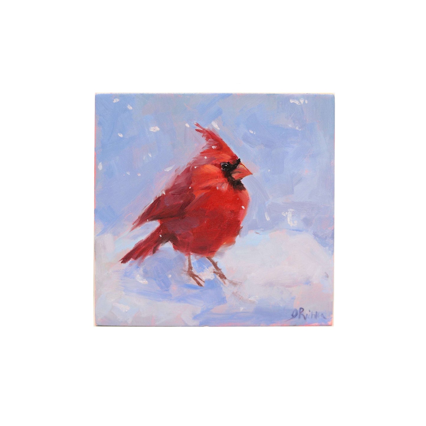 Cardinal in Snow | Original Oil Painting | 4”x4”