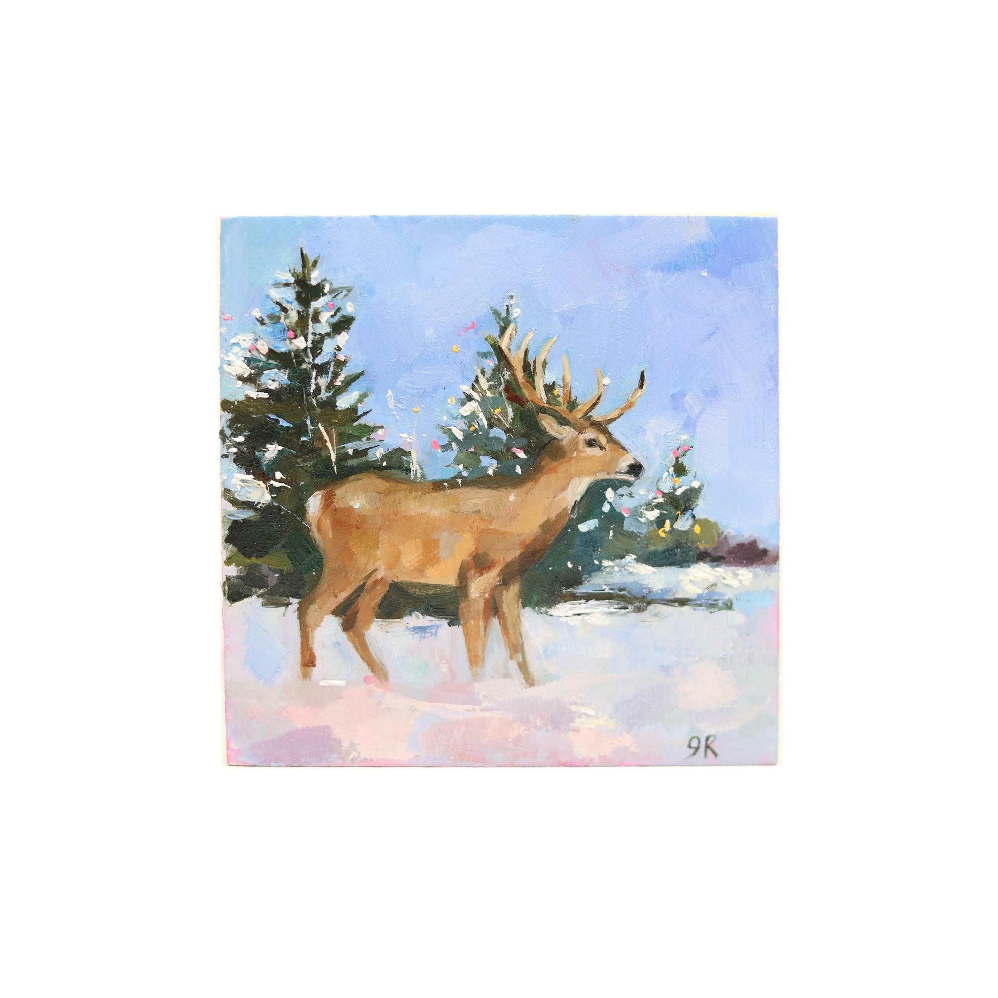 Winter Deer Snow | Original Mini Oil Painting | 4”x4”