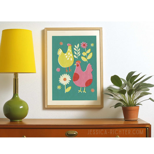 Retro Chickens Illustration Print