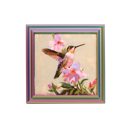Hummingbird and Flowers 14 | Original Oil Painting | 6”x6” Framed
