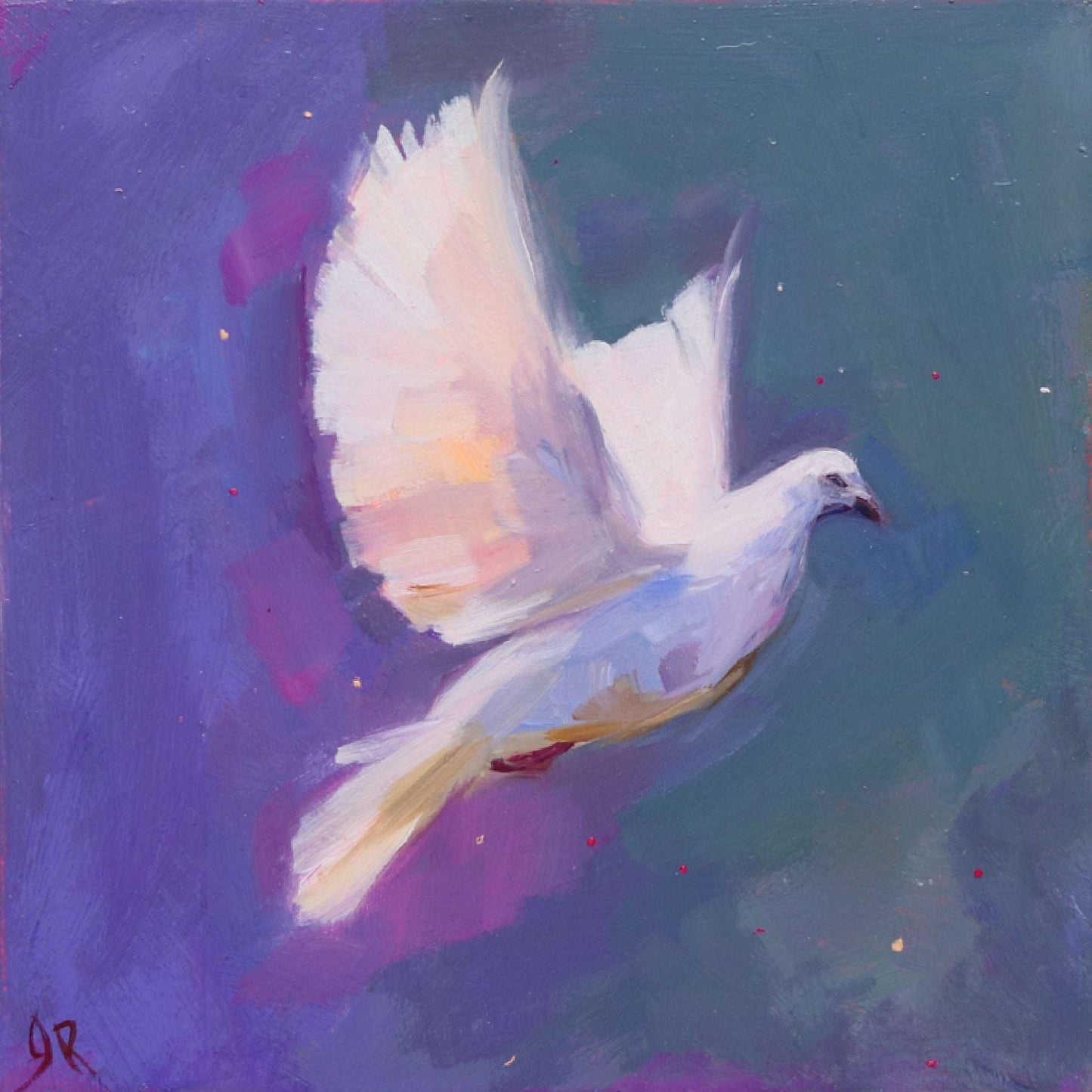 Painting of a white dove against a colorful background