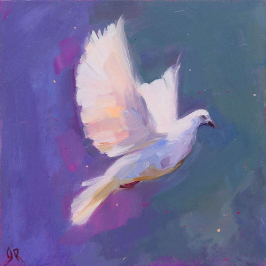 Painting of a white dove against a colorful background